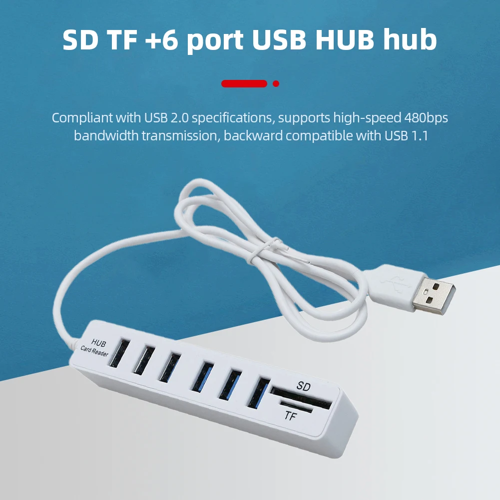 USB 6 Port Extension Hub High Speed Transmission Memory TF Docking Station Plug and Play USB 2.0 for Laptop Computer PC