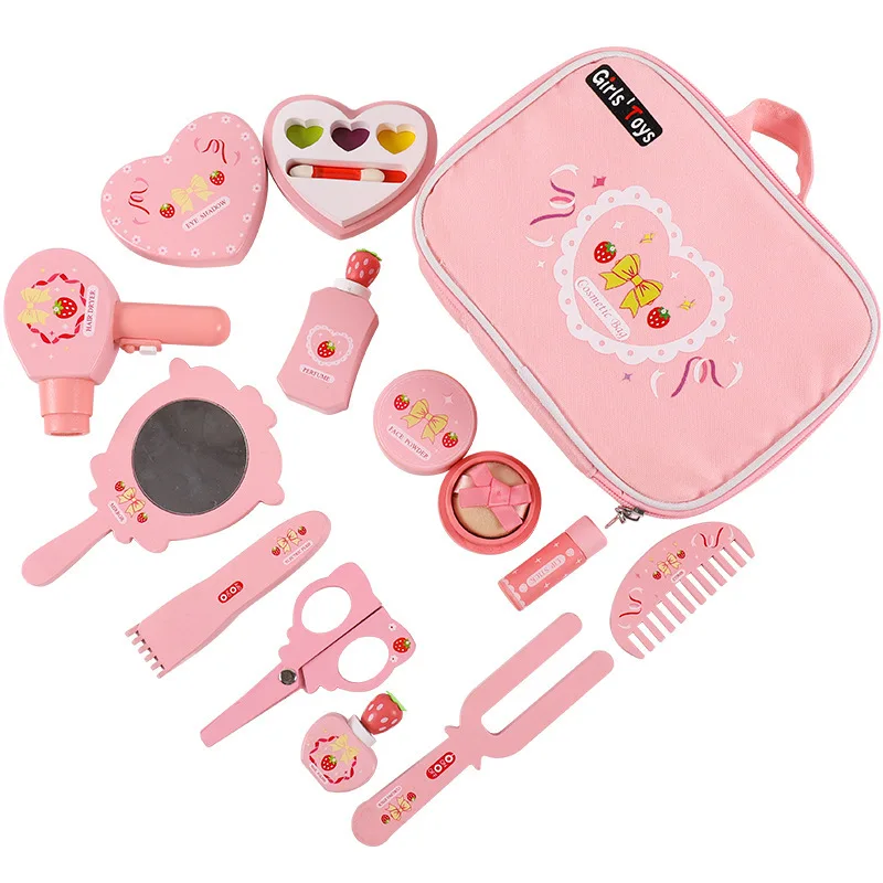 Children Wooden Play House Toys Pink Makeup Bag Simulation Girl Make Up Set Dressing Table Cosmetics Toys Birthday Gift