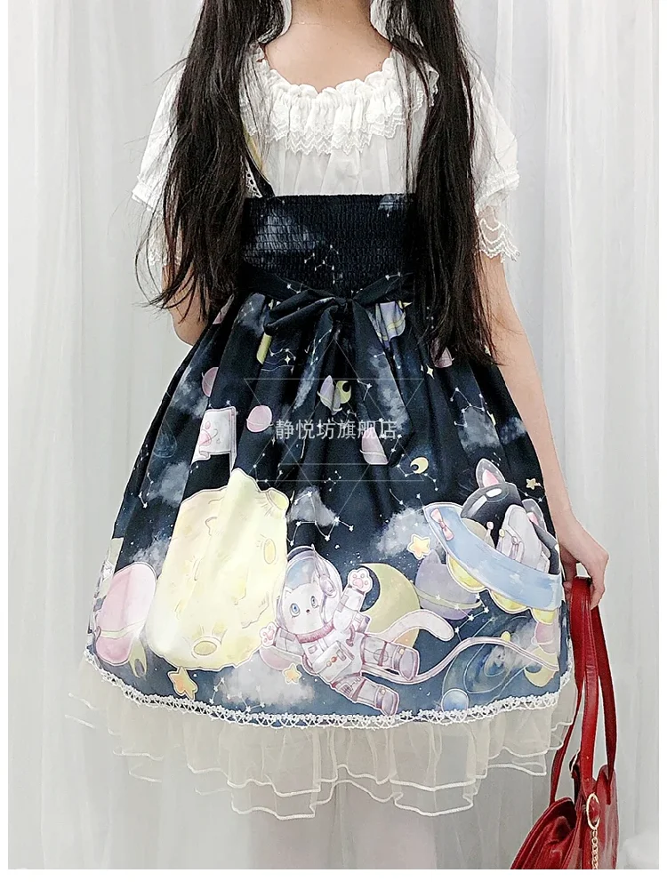 Summer Lolita Strap Dress Vintage Bowknot Cute Printing High Waist Princess Victorian Dress Kawaii Girl Gothic Lolita Cos Loli