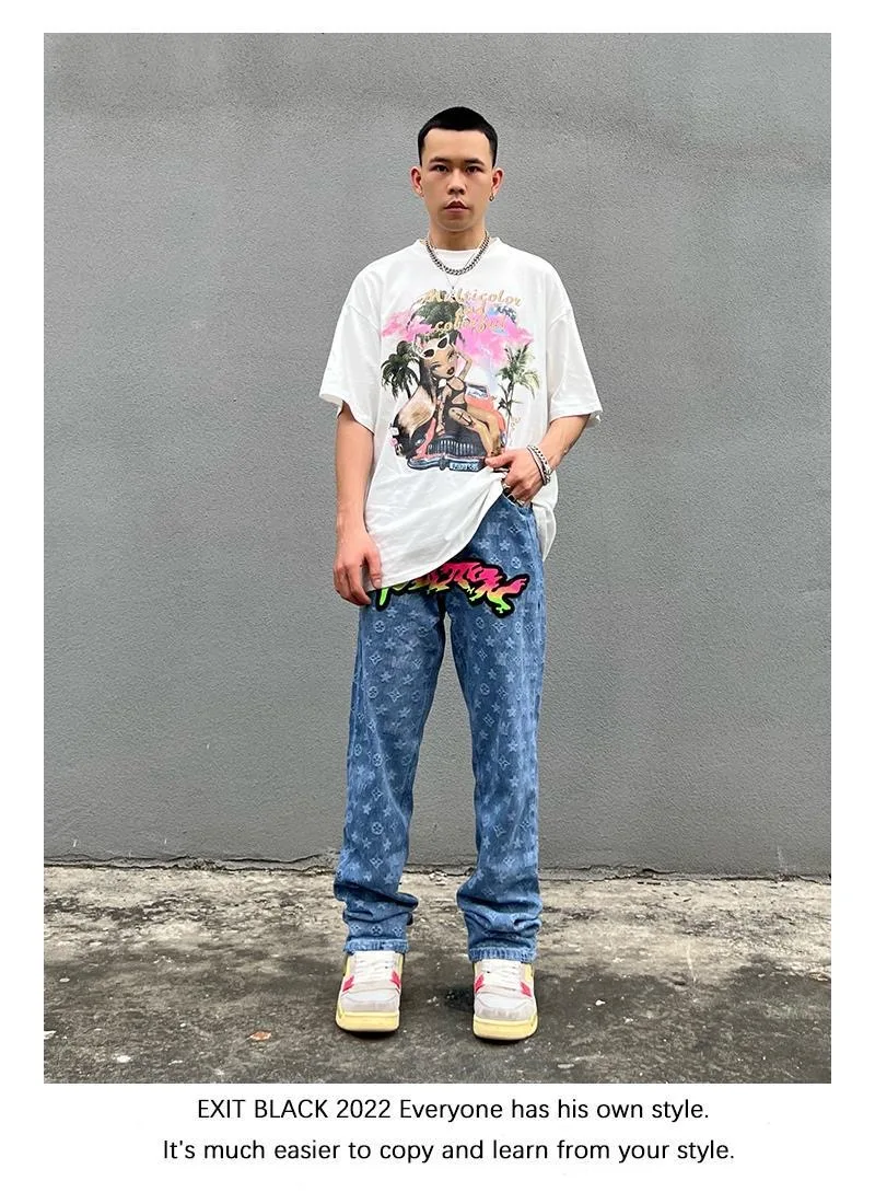 Jeans American High Street Embroidery Gradient Men's Spring and Autumn Tide Brand Hip Hop Loose Straight Pants