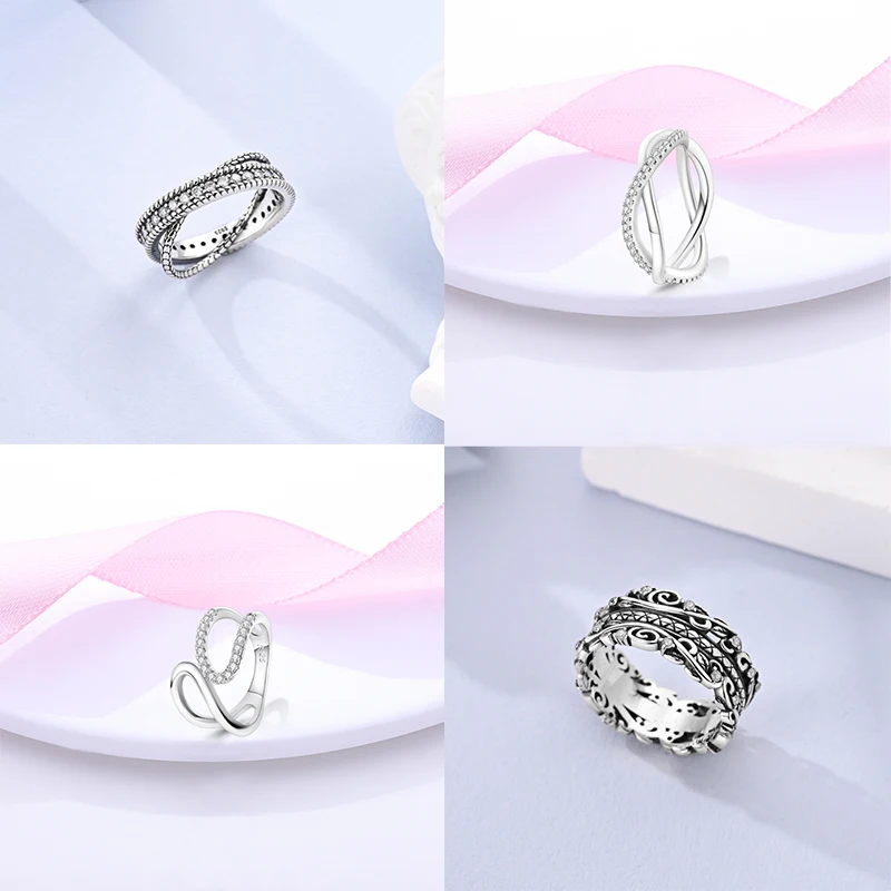 Women's 925 Sterling Silver Geometric Overlapping Zircon Classic Design Rings Anniversary Birthday Engagement