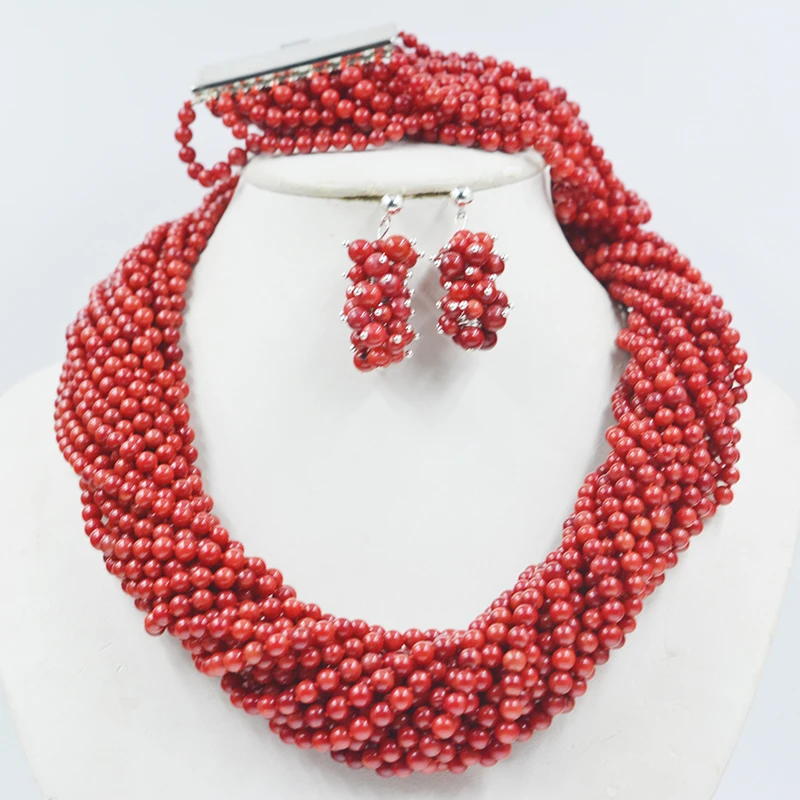 

20 strand necklace/13 strand bracelet 4MM coral Wedding Coral Beads Nigerian Trendy Necklace Bracelet Earring 22"