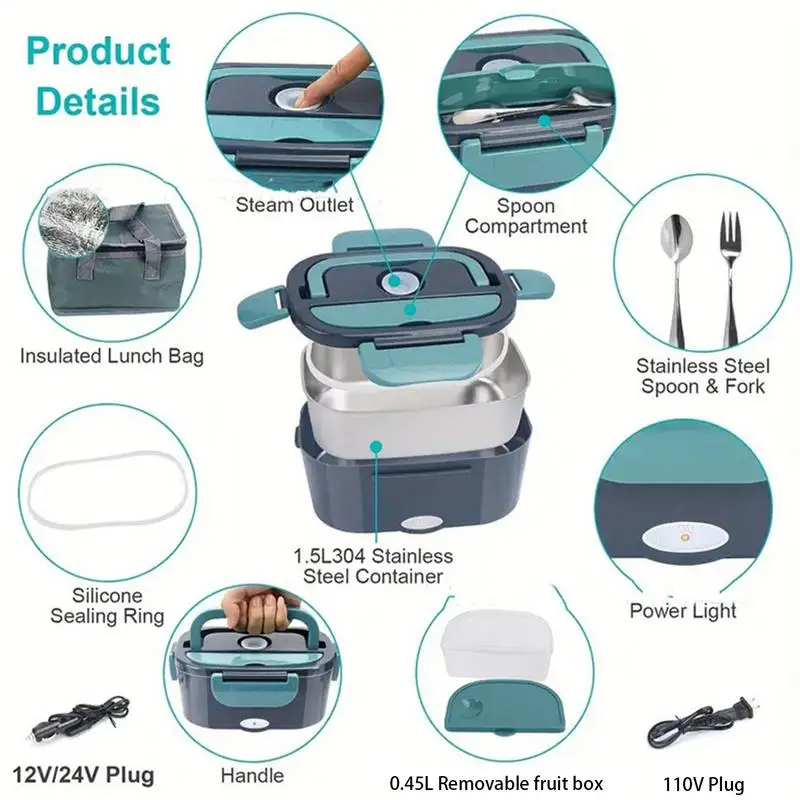 Car Heated Lunch Box 1.5L Portable Food Warmer Electric Lunch Box Food Heater Warmer Container Fast Heating