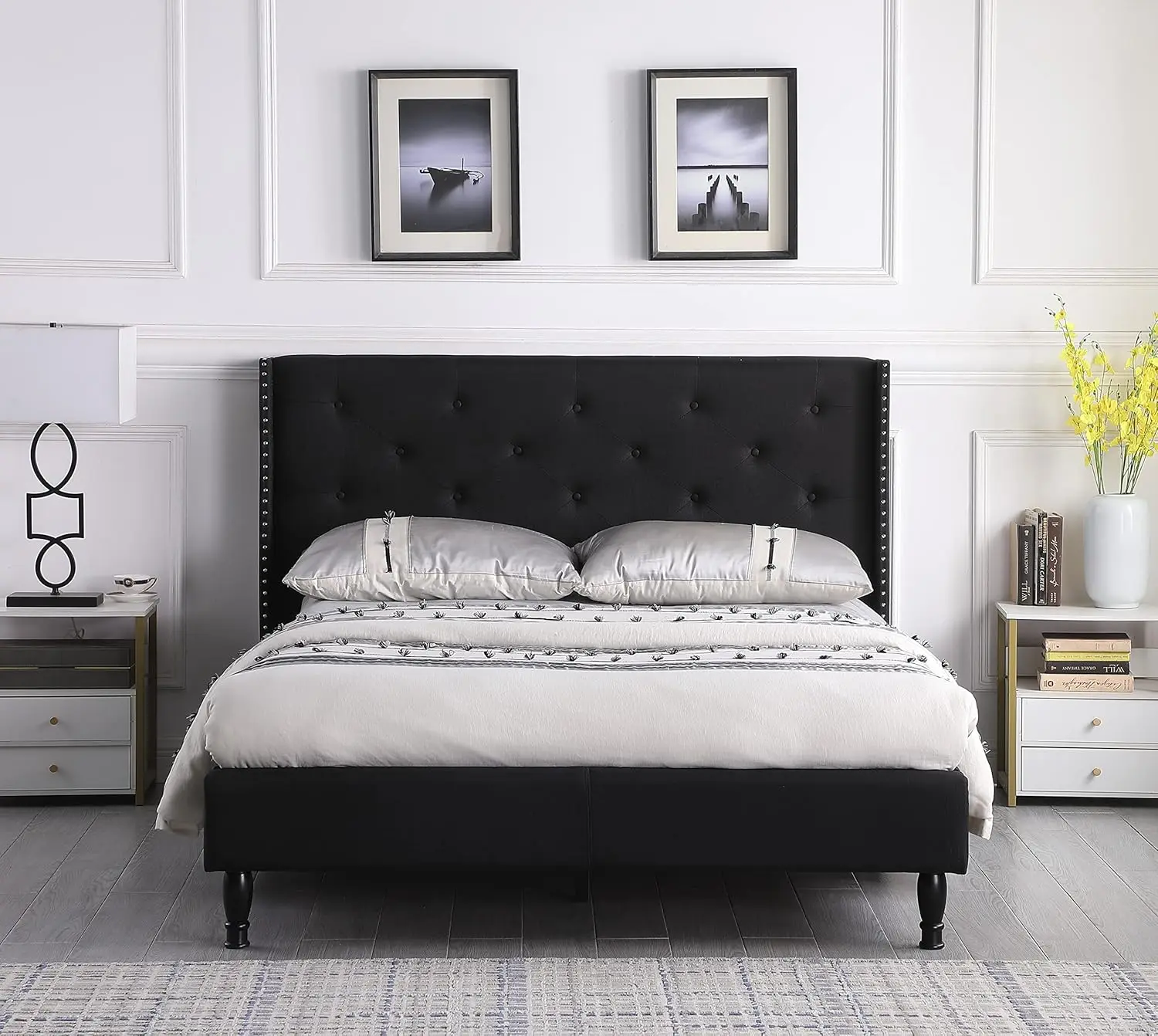 

Headboard and Adjustable Base - Button Tufted Linen Bed - Wood Slat Support with Storage Space