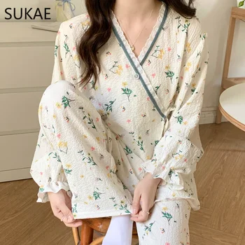 SUKAE 여성용 버블 크레페 코튼 파자마, 산뜻한 스타일의 기모노 파자마, Mujer 라운지웨어, 봄 가을 긴팔 잠옷