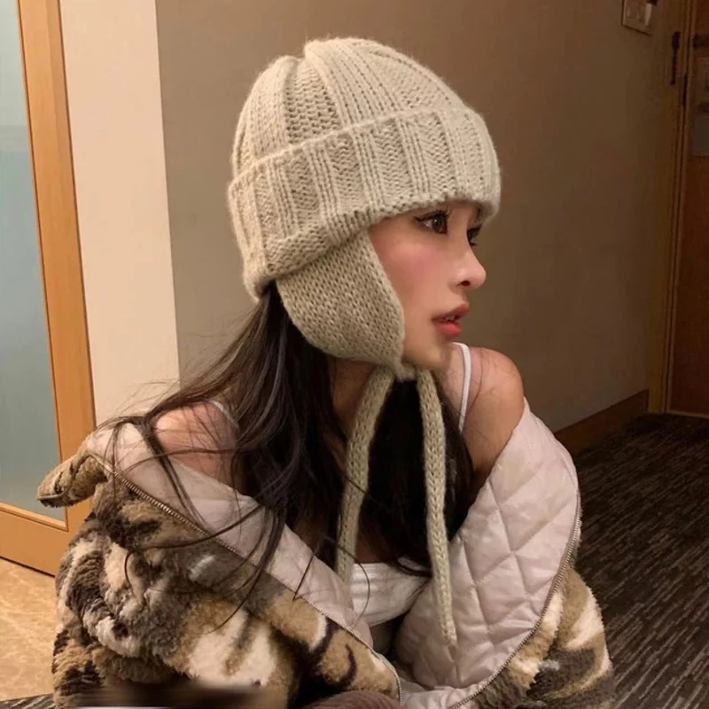 [韓国] earflap warmer beanie 2023 Korea Ins Long Tied Rope Beanies Hat with Earflaps