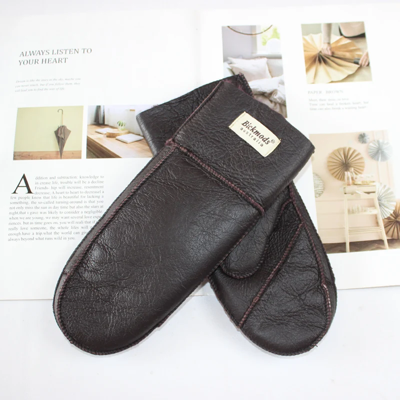 New Winter Warm Women's Sheepskin Gloves Thickened Wool Lined Solid Finger Leather Gloves