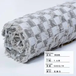 Breathable Soft Washed Cotton Jacquard Denim Fabric, Plaid Textile for Clothing and Sewing Projects (5 grayish white)