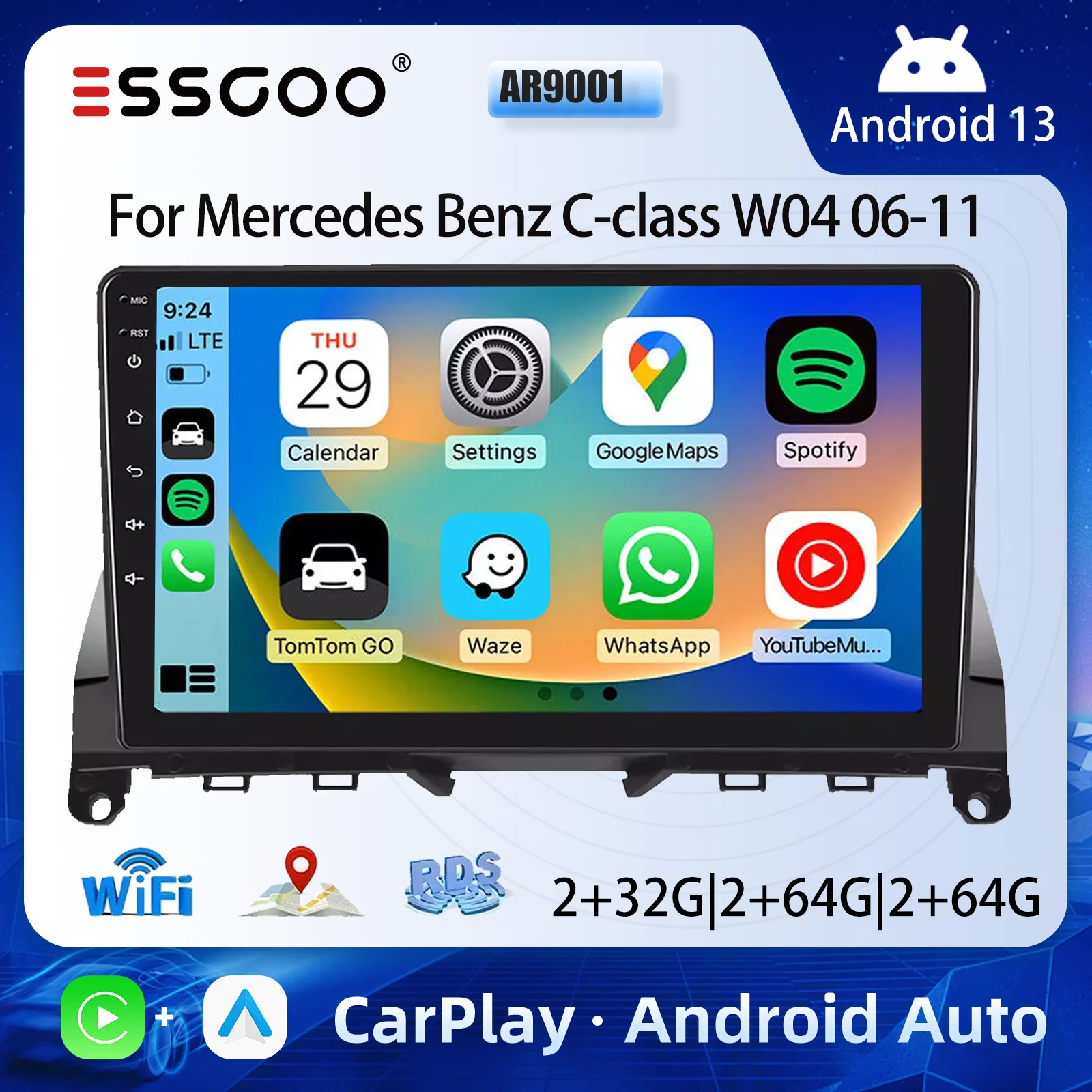 ESSGOO 2 DIN Kabelloses CarPlay 9" HD Touchscreen Autoradio für Mercedes Benz C-Klasse W204 2006-2011 GPS Navigation Android 13 64G Wifi FM BT Multimedia Video Player