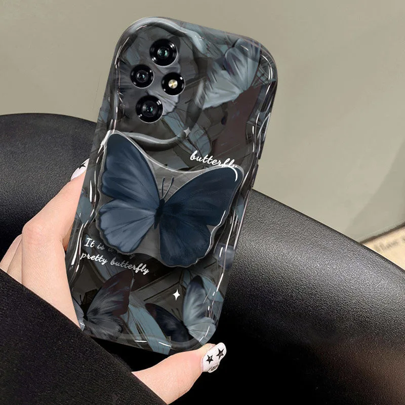 Elegant Black Butterfly Grip Tok Holder Wave TPU Soft Phone Case