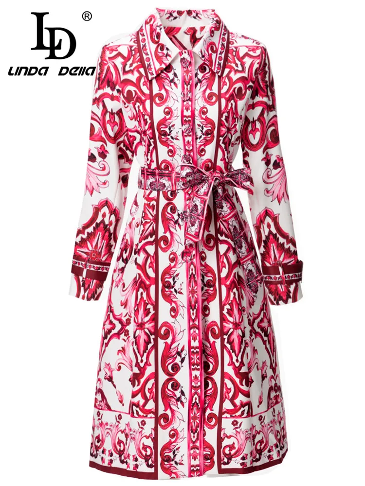 

LD LINDA DELLA Autumn and winter Bohemia Fashion Coat Women's Red and white porcelain Print Elastic Waist Single-breasted Dress