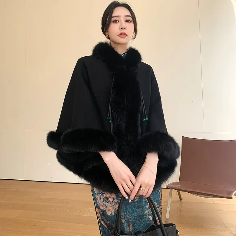 Wool Tweed Jacket Women Clothes Retro Buckle Fringe Shawl Cape Fox Fur Collar Chinese Style Solid Lace Up Warm Outer Wear Winter