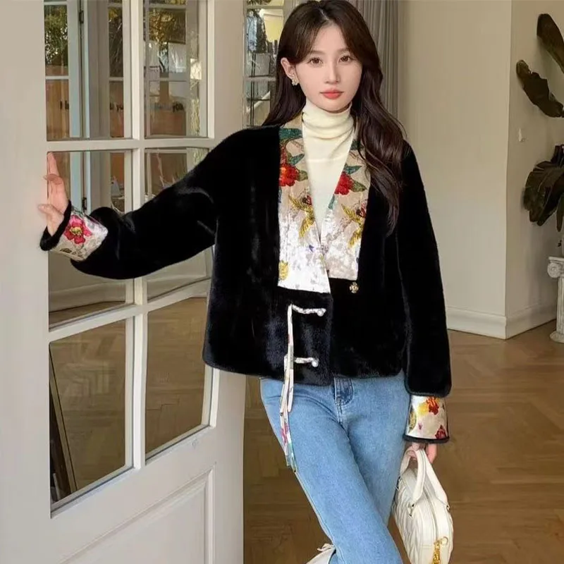 2024Autumn/Winter Women New Plush Jacket Faux Fur Coat Outerwear Mink Velvet Fabric V-Neck Chinese Style Off Season Discount