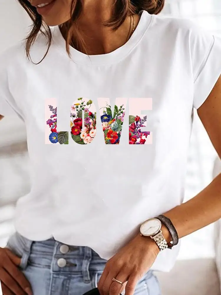 

Short Sleeve Casual Ladies Fashion Female Graphic Tee Women Love Floral Trend 90s Style Print Summer T Clothing T-shirts
