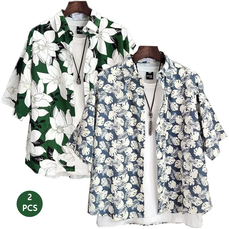 2pcs/Lot High-Quality Fashionable Short Sleeved Shirt For Summer Men And Women Loose Fitting Hawaiian Beach Flower Shirt Thin