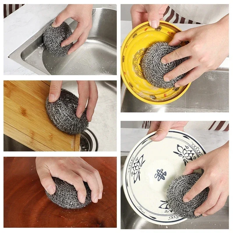 6pcs Stainless Steel Scouring Ball Cleaning Set Scouring Sponge Cleaning Metal Scrubber Ball Scouring Pad images - 6