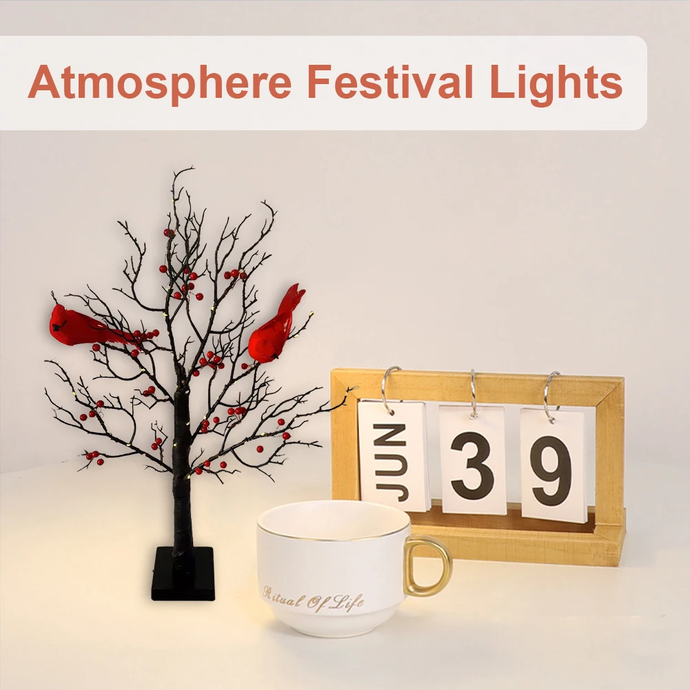 Mini Tree Light Lighted Tree with Red Bird & Berries Tree Table Decoration Light Battery Operated LED Fairy Light for Home Decor
