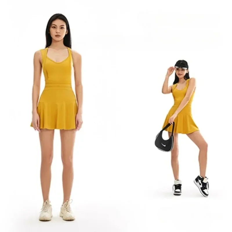 Dress Short Running Tennis Skirt Fake Two-piece One-piece Beautiful Back Yoga Suit Sports Fitness Suit Summer Women Tennisdress
