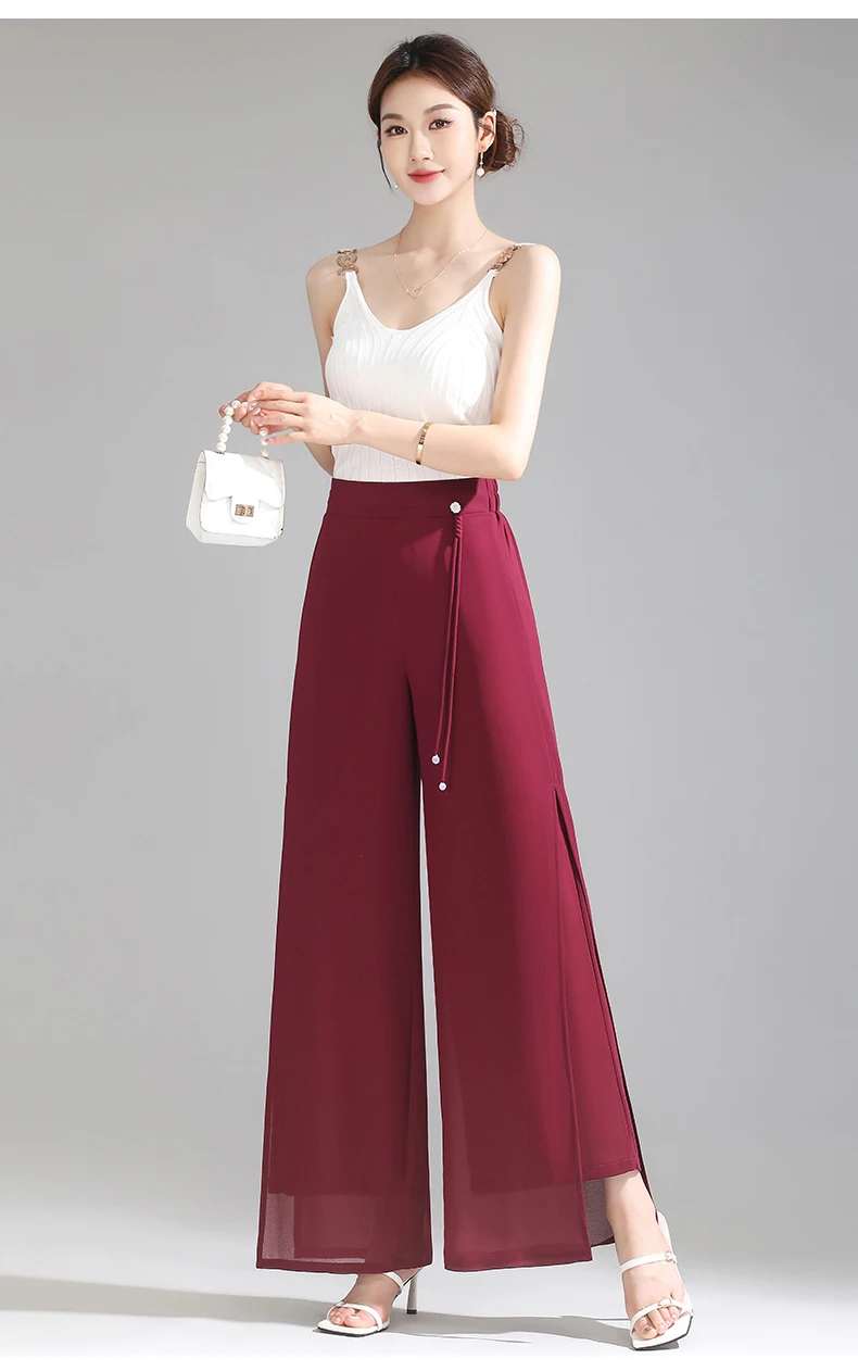 ZUZK Double Layer Chiffon Pants Fashion Slit Chiffon Pants Spring Summer Comfortable Elastic Waist Slim Chic Droop Pants