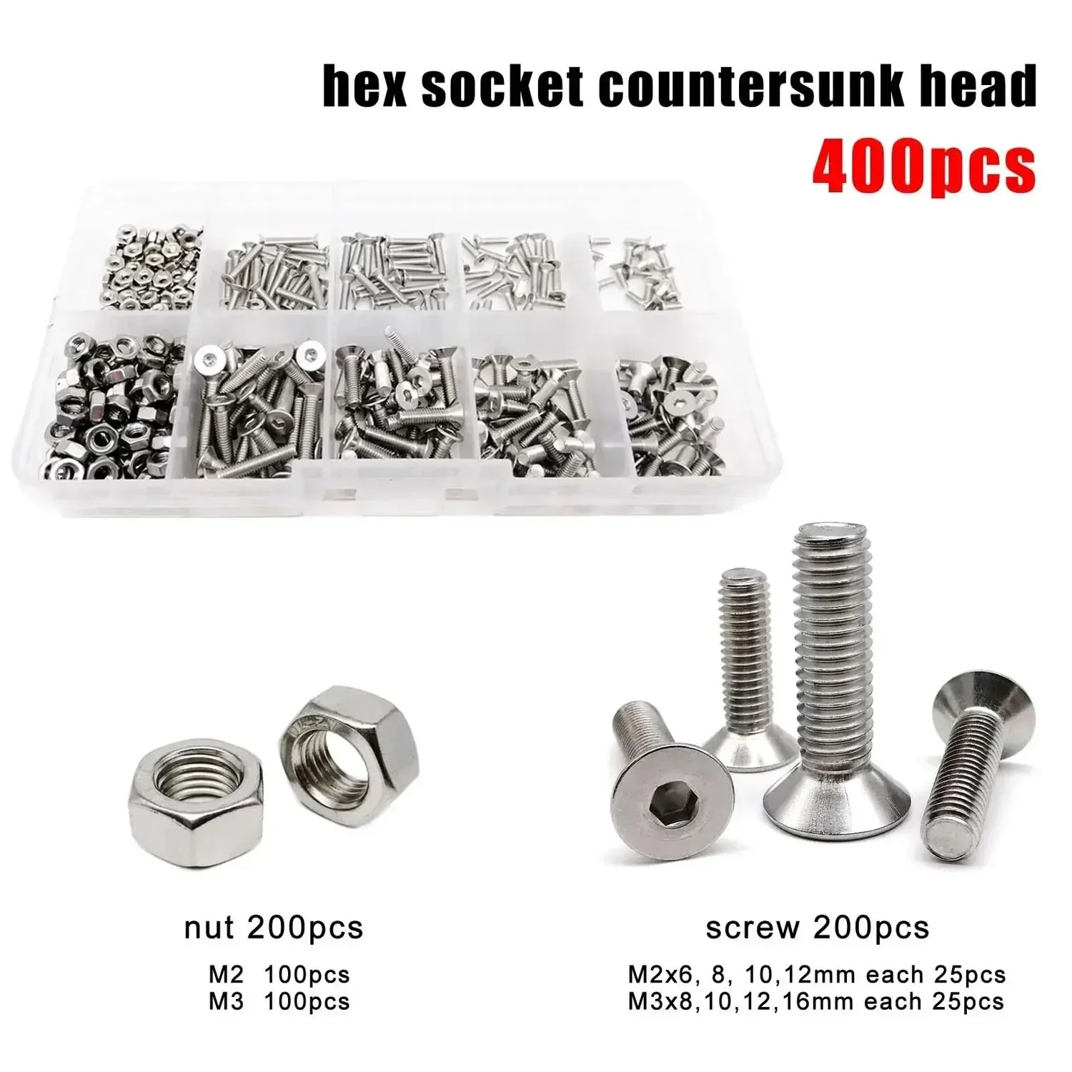 400Pcs 육각 소켓 나사 M2/M3 스테인레스 스틸 육각 소켓 헤드 카운터싱크..