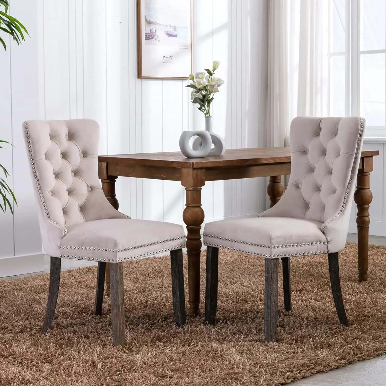 Tufted Dining Chairs Set of 6, Velvet Upholstered Dining Chairs with Nailhead Back and Ring Pull Trim, Solid Wood Dining Chairs 2