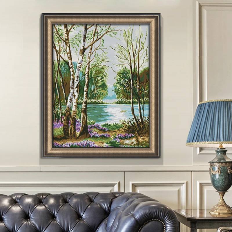 Joy Sunday Beautiful View Of Lake Pattern Cross Stitch Kits Aida Fabric 16CT 14CT Printed DIY Hand Needlework Embroidery Sets