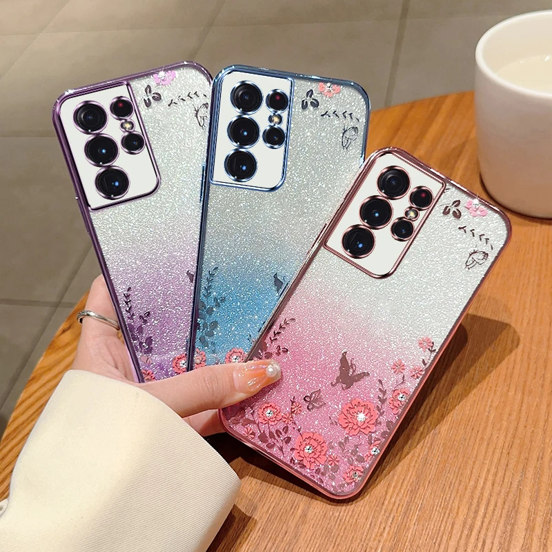 

Роскошный блестящий чехол для телефона с бабочками и цветами для Samsung Galaxy S8, S9, S10, S20, S21, S22, S23 Plus, S21FE, мягкий силиконовый чехол с покрытием