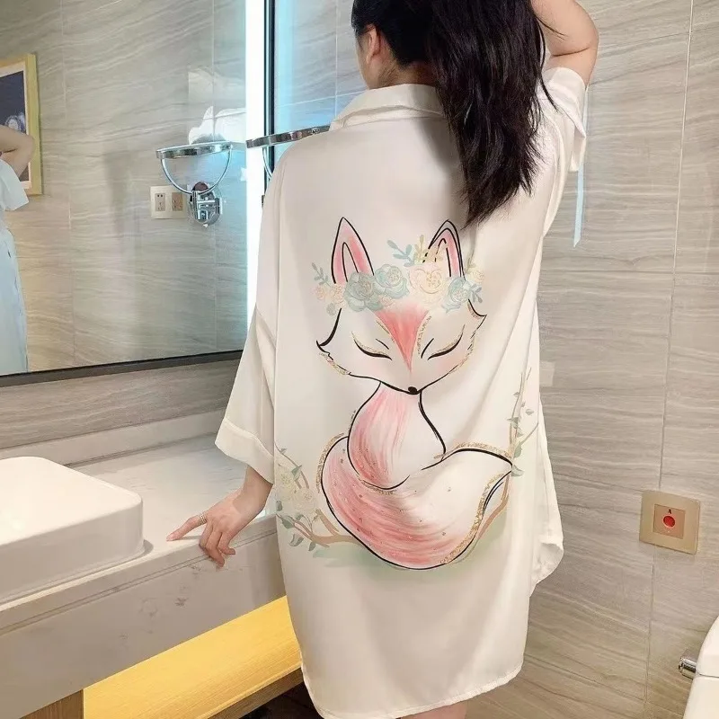 Sexy nightgown women summer ice silk cool silky loose cardigan shirt women nightdress can be worn outside summer dress