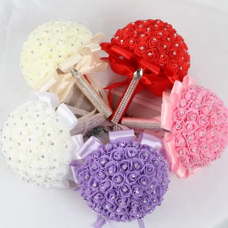Wedding Bouquets Artificial Rose Flowers Bridal Bridesmaid Wedding Bouquet White Silk Flowers Roses Artificial Bride Boutonniere Pins