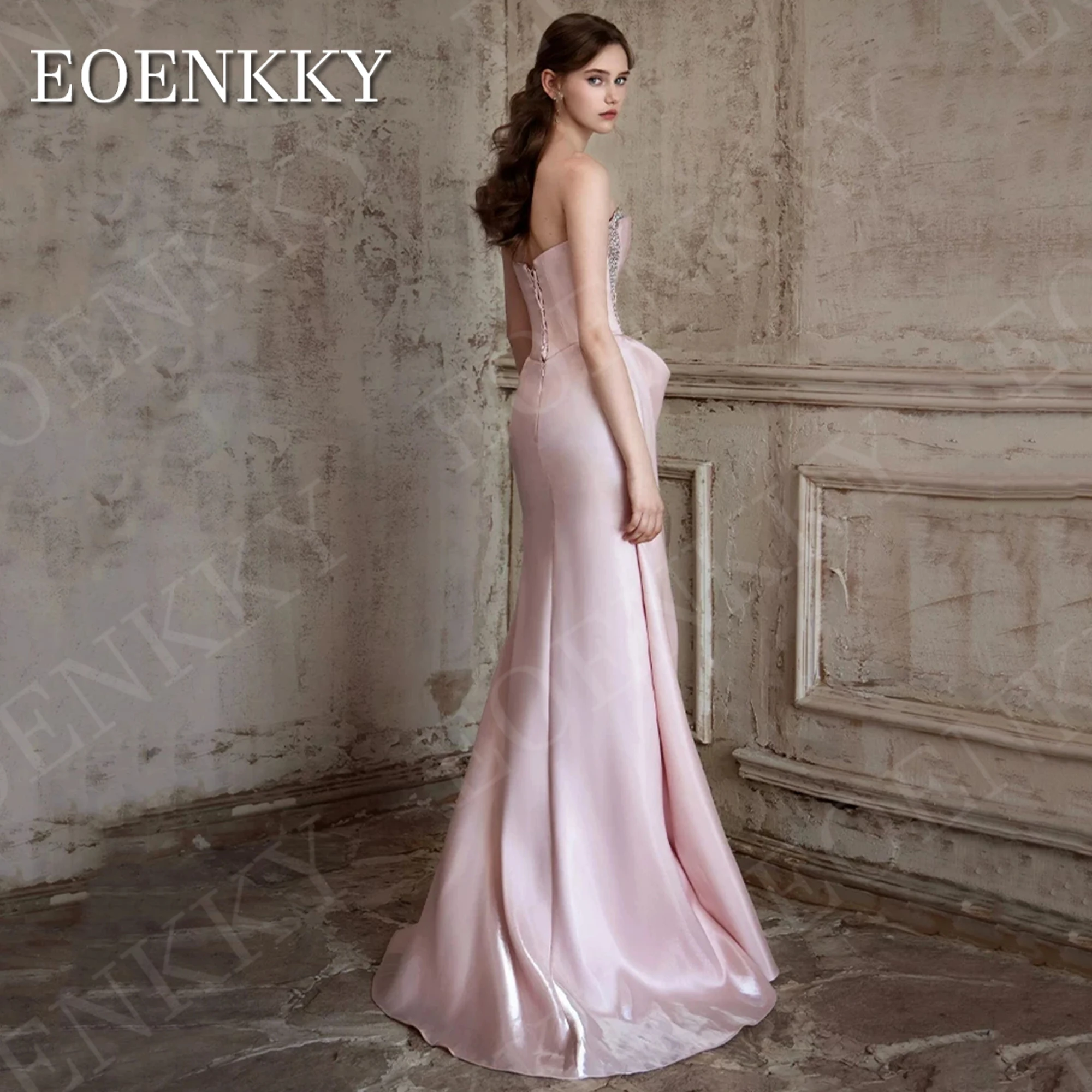 EOENKKY Mermaid Elegant Evening Dresses Prom Strapless Beaded Sleeveless Wedding Party Dress Pink Woman Customized فساتين سهرة 4