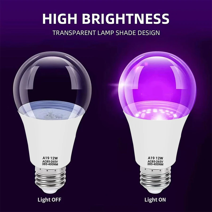 Black light bulbs 2 Pack LED black lights bulb 12W E27 glow in the dark for blacklights party body paint fluorescent poster UVA level 395-400nm