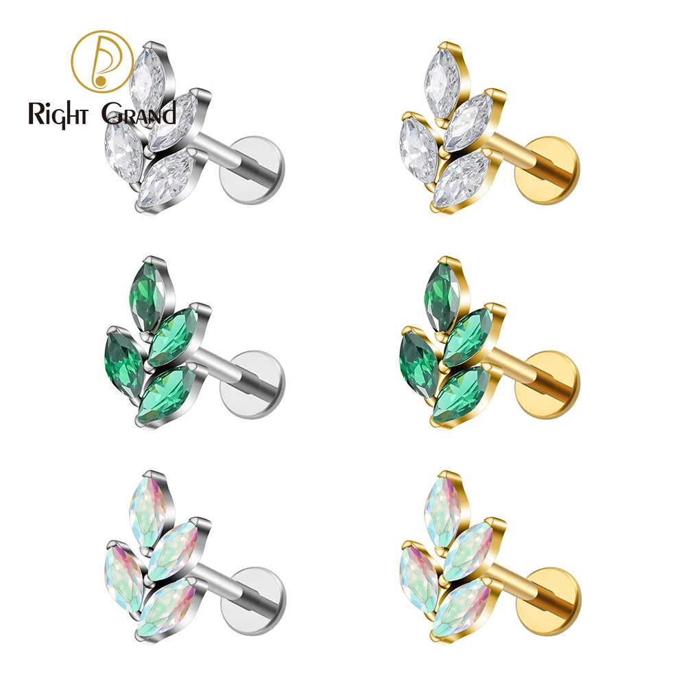 Ear Piercing Earring Right Grand ASTM F136 Titanium 16G Marquise CZ Leaf Shaped Cartilage Helix Conch Lobe Flat Back