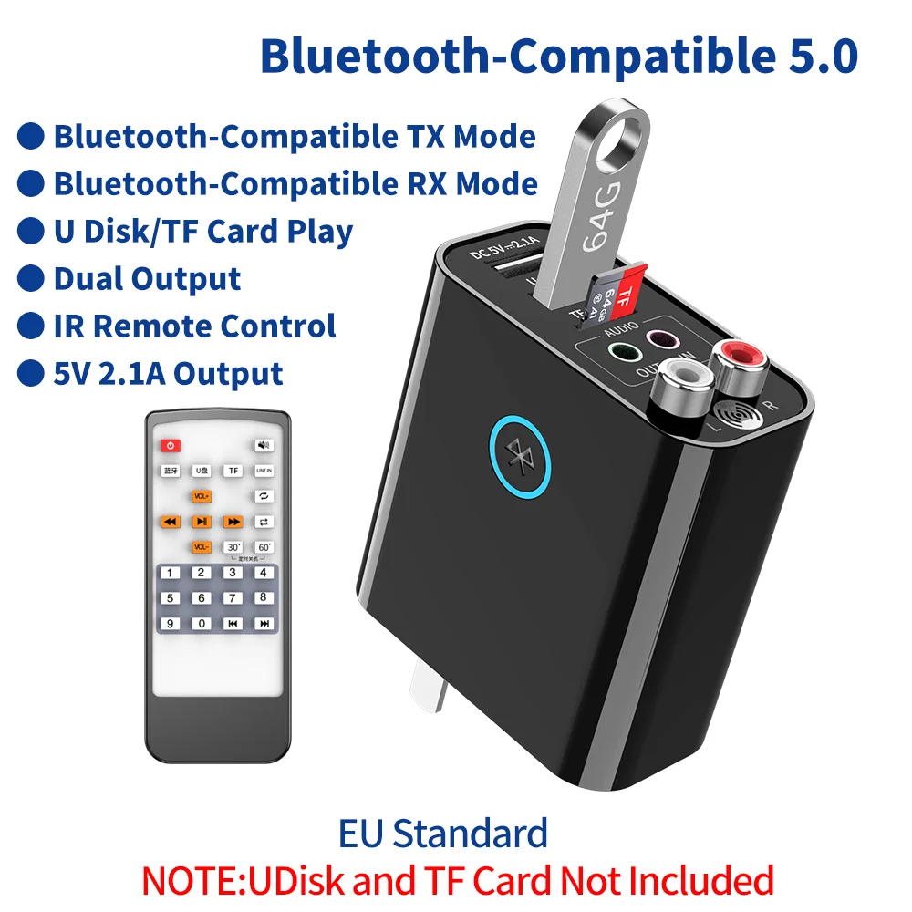 Bluetooth 5.0 Audio Receiver Transmitter Stereo Wireless Adapter TF/U Disk Play Quick USB Charge