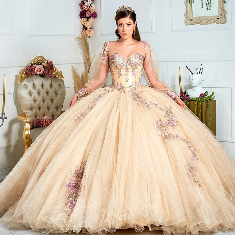 

Luxury Light Yellow Princess Puff Sleeve Quinceanera Dresses 3D Flowers Ball Gown Birthday Gown Lace-Up Beaded Sweet 16 Dresses