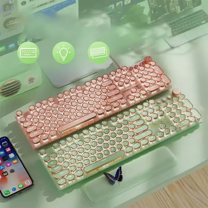 EWEADN V20 Mechanical Keyboard Retro Punk Typewriter Wireless Tri-model 104Keys Round Keycaps White Backlit Office Computer Mute