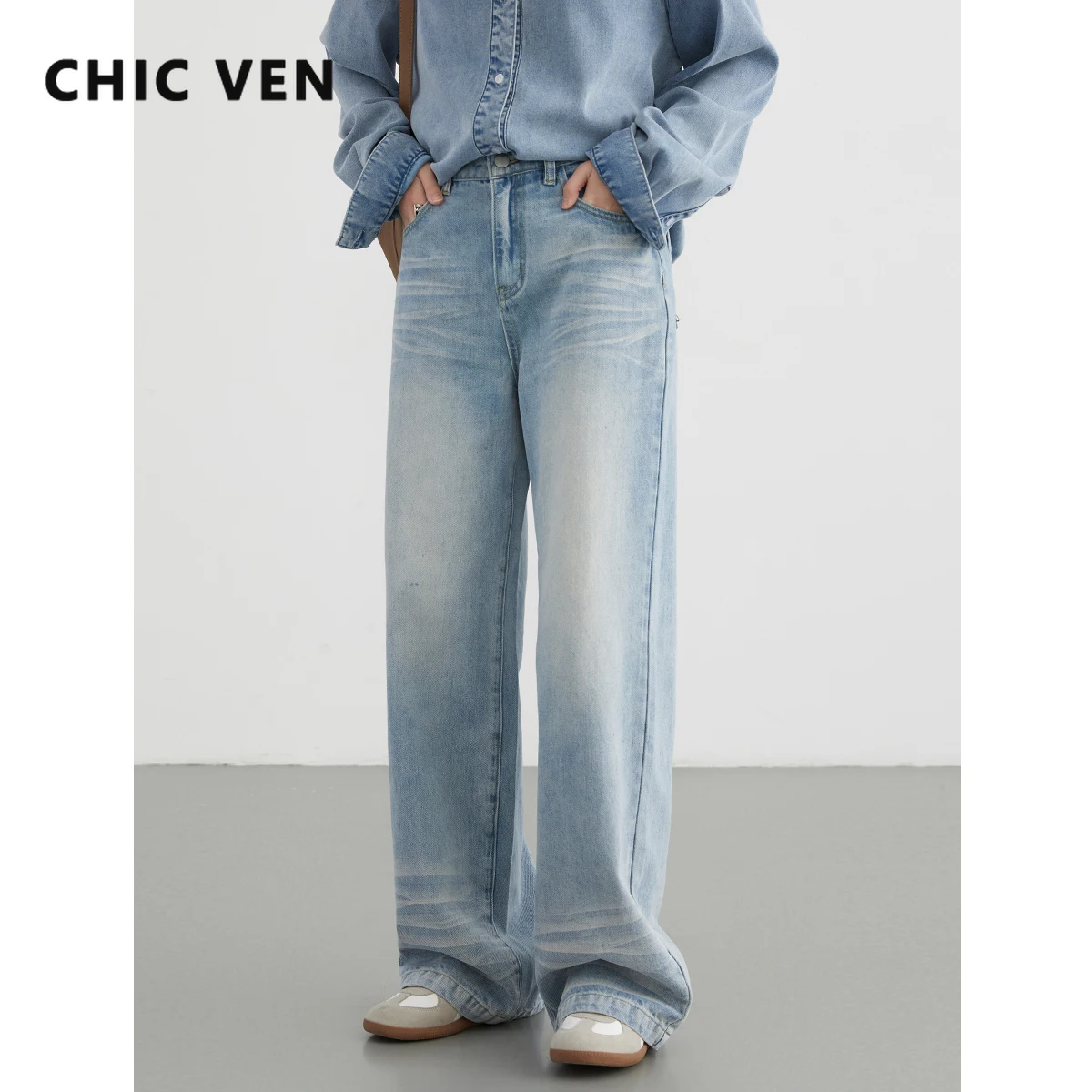 Chic Ven Jeans Donna Larghi Nuovi Pantaloni A Gamba Dritta Casual Blu A Vita Alta Pantaloni Larghi In Denim Primavera Autunno 2024