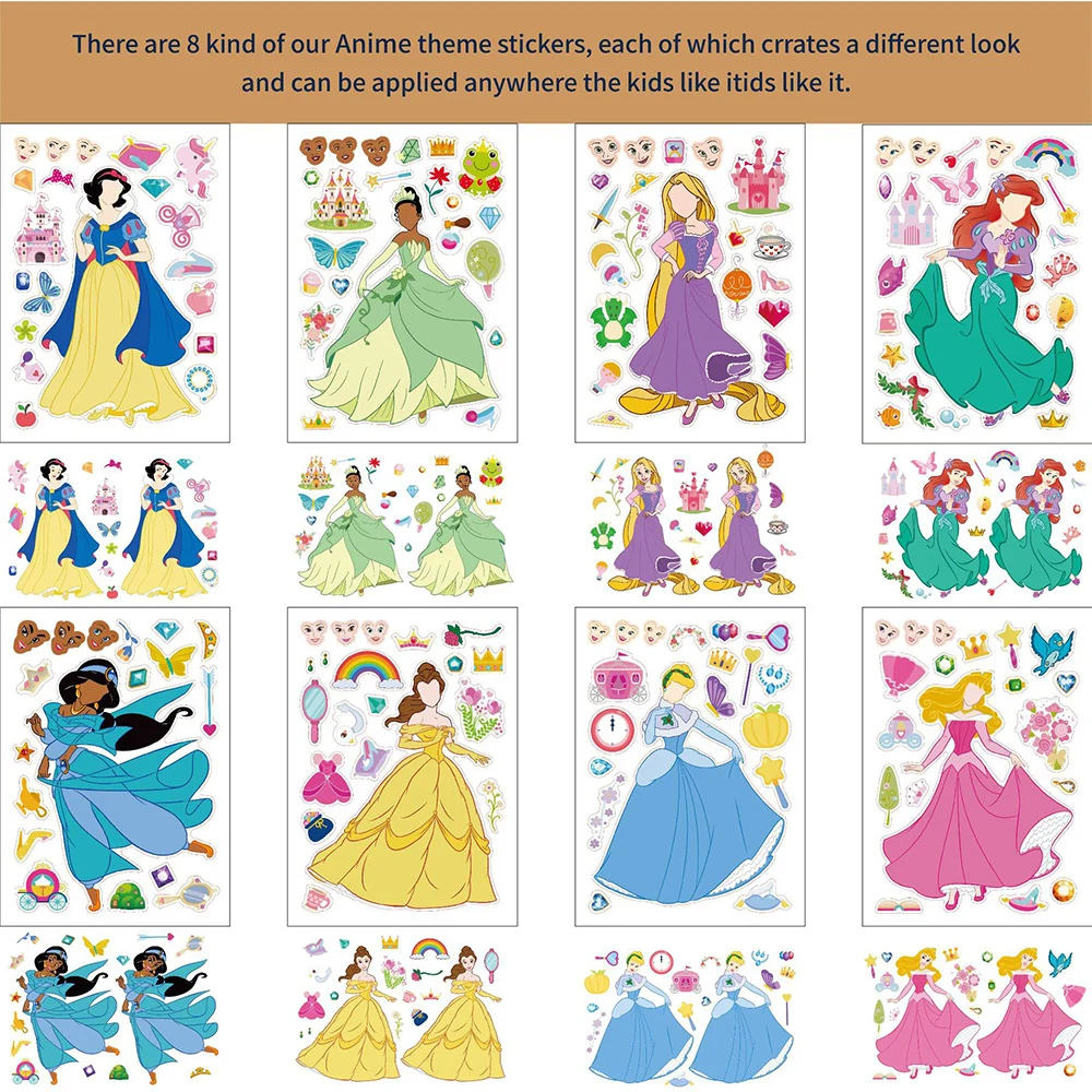 

8/16Sheets Kawaii Make-a-Face Disney Princess Cartoon Stickers Puzzle Games Kids Create Your Own DIY Assemble Jigsaw Decals Toys