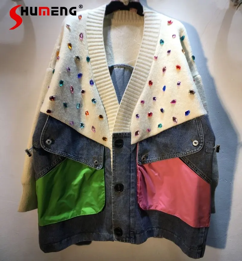 

European 2023 Autumn New Patchwork Exquisite Rhinestone Sweater Women Fashion Elegant Stitching Denim Loose Slimming Casual Coat