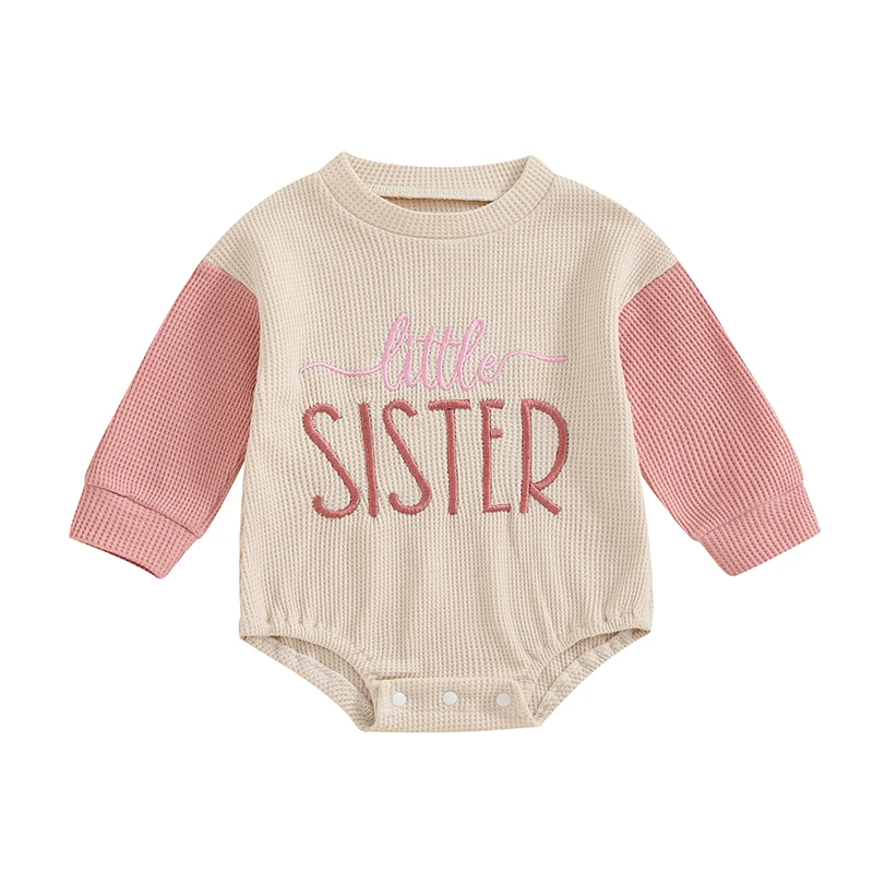 

Baby Letter Print Romper Waffler Long Sleeve Round Neck Contrasting Colors Summer Adorable Jumpsuit