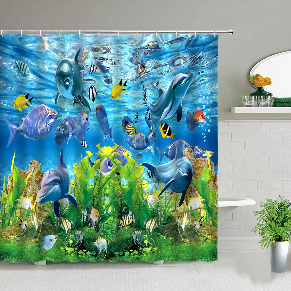 

Ocean Animal Dolphin Shower Curtains Beach Palm Tree Tropical Fish Scenery Bathroom Waterproof Fabric Bath Curtain Set with Hook