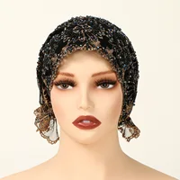 Muslim Lace Hat Caps Mesh Fabric Bead Turban Hijab Diamond Embroidered Bonnet Hat Hair Loss Dubai Arabian Women Turbante Mujer
