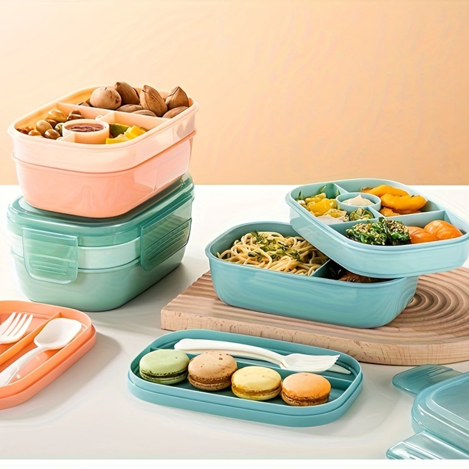 1pc Portable Lunch Box, 3 Stackable Bento Lunch Containers for Adults, Modern Minimalist Design Bento Box with Utensil Set, Leak