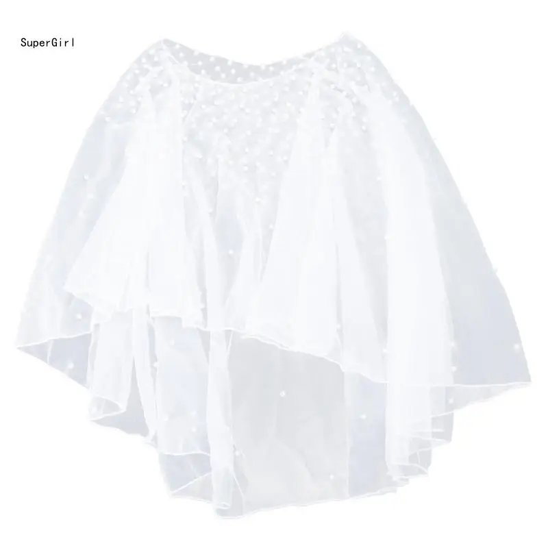 

Womens Wedding Bridal Shawl Wrap Capelet See-Through Pearl Beads for Jacket Tulle Cape Bridesmaid Lace-Up J78E