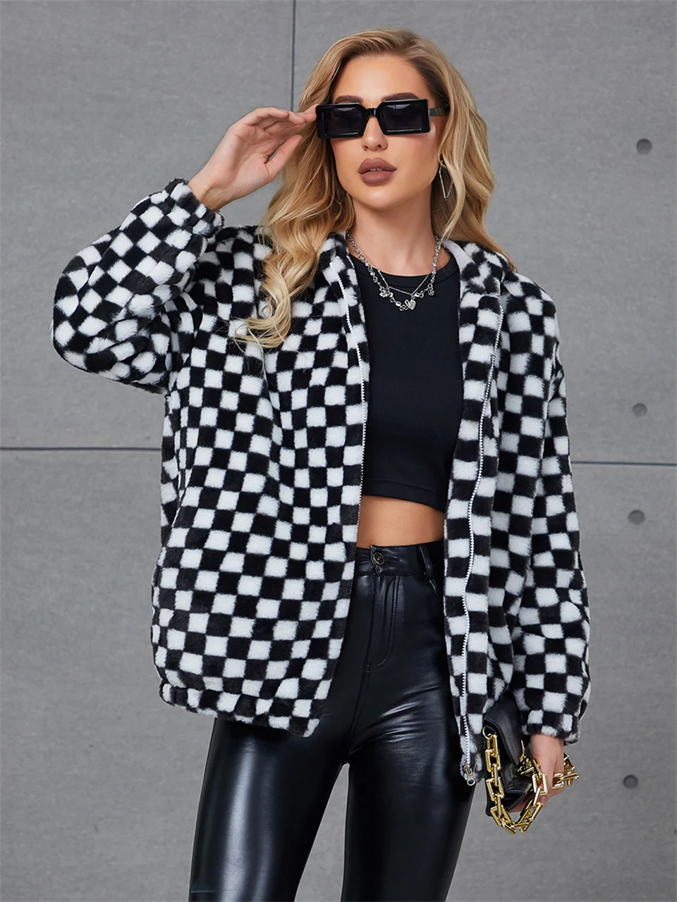 

Осенне-зимнее клетчатое пальто из искусственного меха, женское короткое пальто, куртки с капюшоном, Женская пушистая плюшевая куртка для женщин