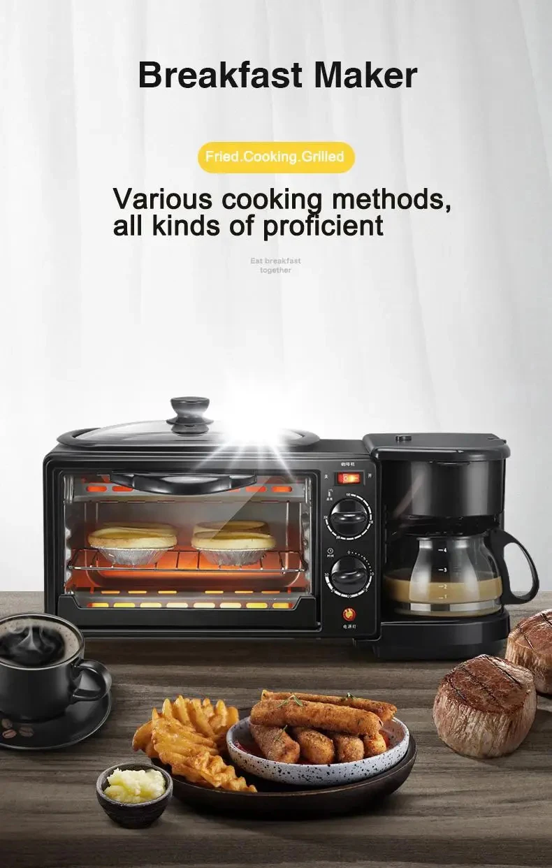 110V Electric Breakfast Machine 3 in 1 Multifunction Breakfast Maker Mini Drip Coffee Maker Bread Pizza Oven Frying Pan Toaster 4