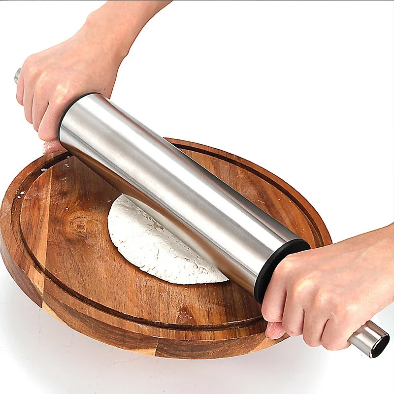 Stainless Steel Rolling Pin for Non-stick Dough Flour Stick Kitchen Cooking Baking Tools Accessories Pizza Roller With Handle