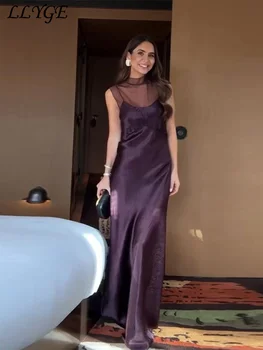 See Through Mesh Satin Patchwork Long Dress Women Half High Collar Sleeveless Backless Dresses 2026 Spring Lady Party Robes 2025 1