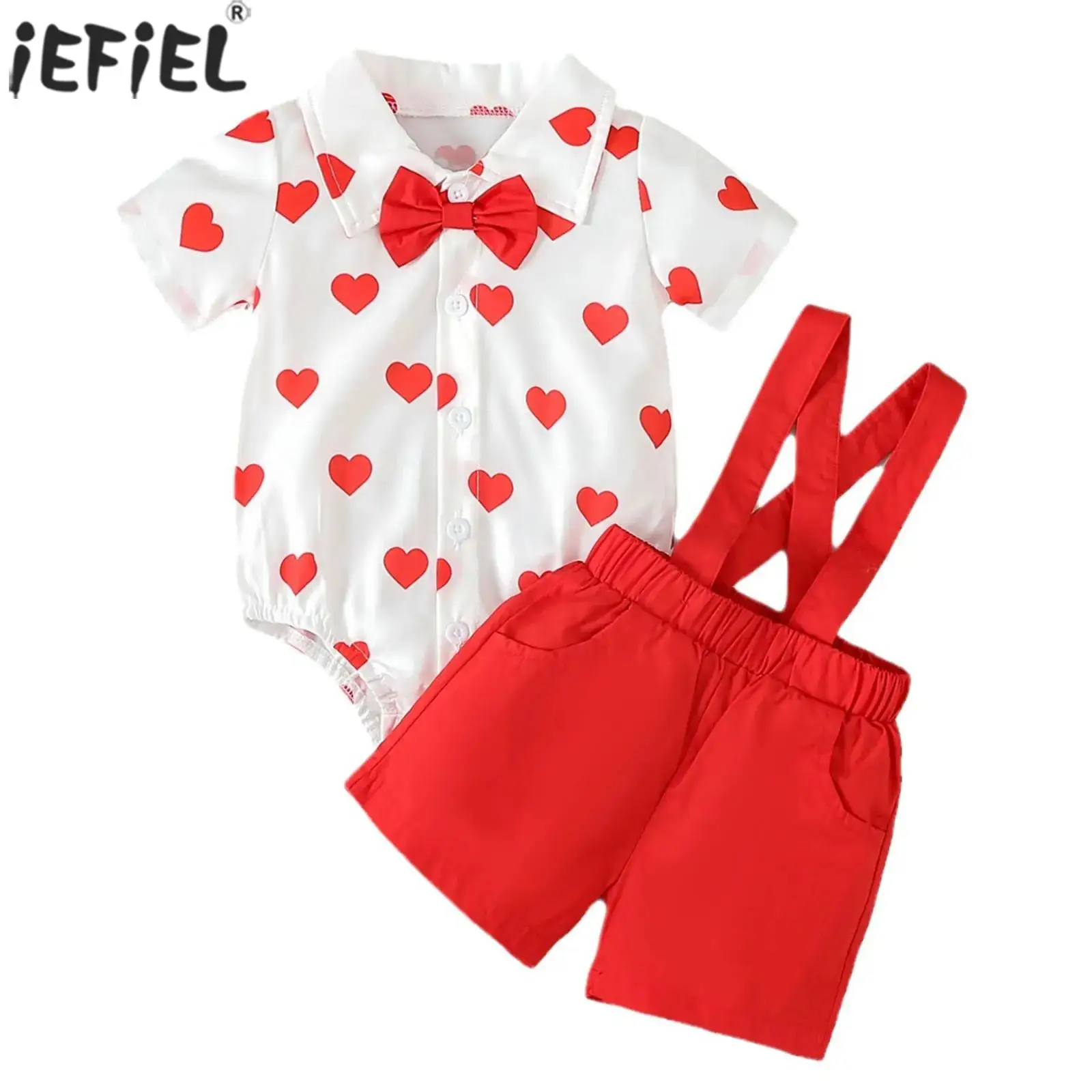

Toddler Baby Boys Valentines Day Gentleman Suit Bowtie Shirt Romper Bodysuit with Suspnder Shorts for Birthday Party Wedding