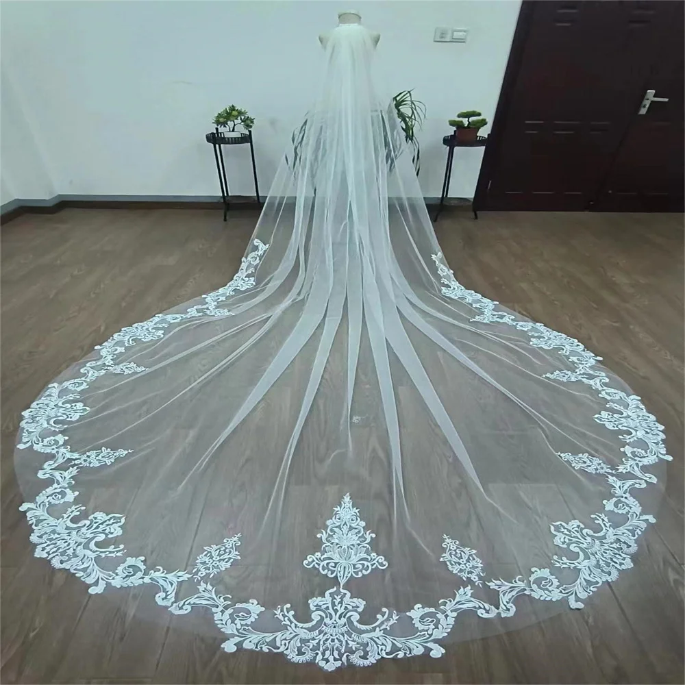 

Real Photos Long Lace Appliques Wedding Veil White Ivory Cathedral 1 Layer Bridal Veil 3.5 Meters Bride Veil Wedding Accessories