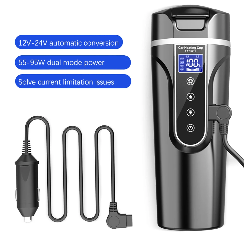 

12V/24V 304 Stainless Steel LCD Display Temperature Portable Car Heating Cup Water Heater Bottle Car Electric Kettle Coffee Mug